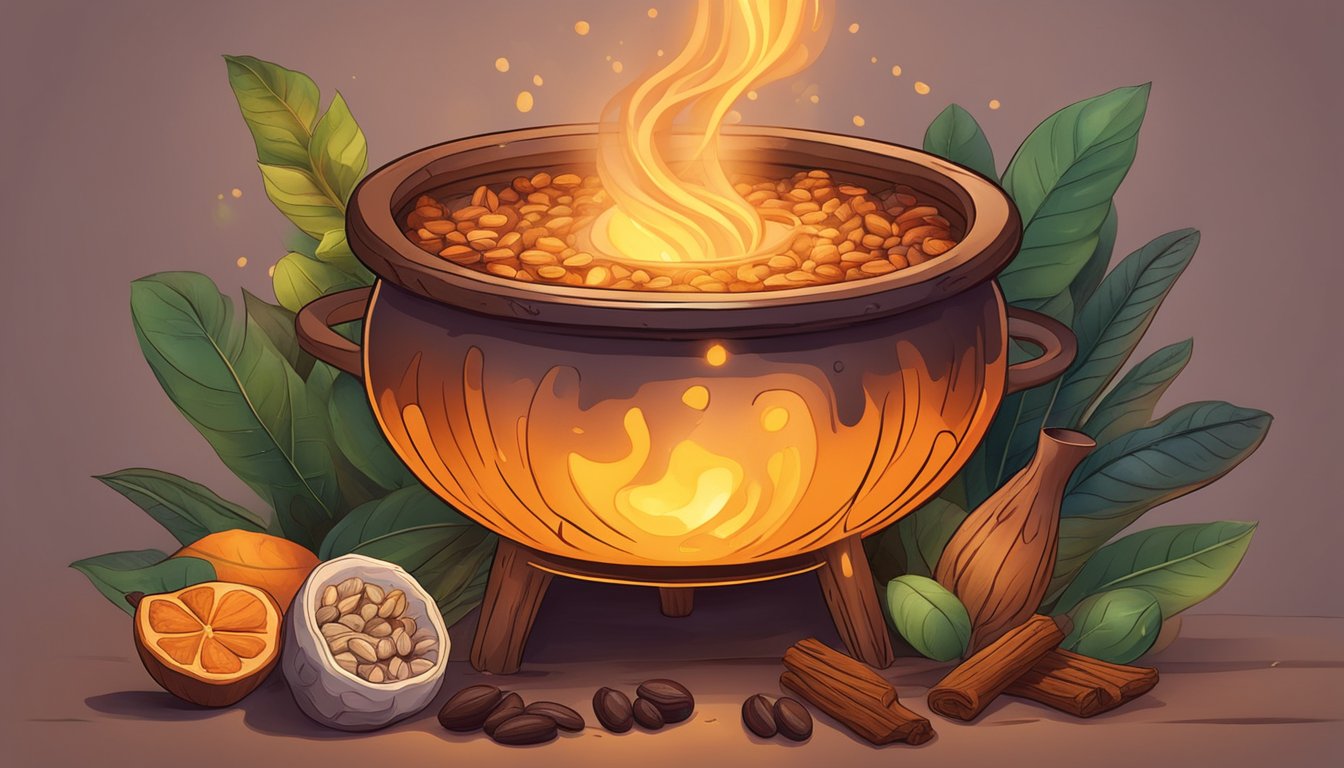 A bubbling cauldron emits a warm glow, surrounded by vibrant cacao pods and various botanical ingredients