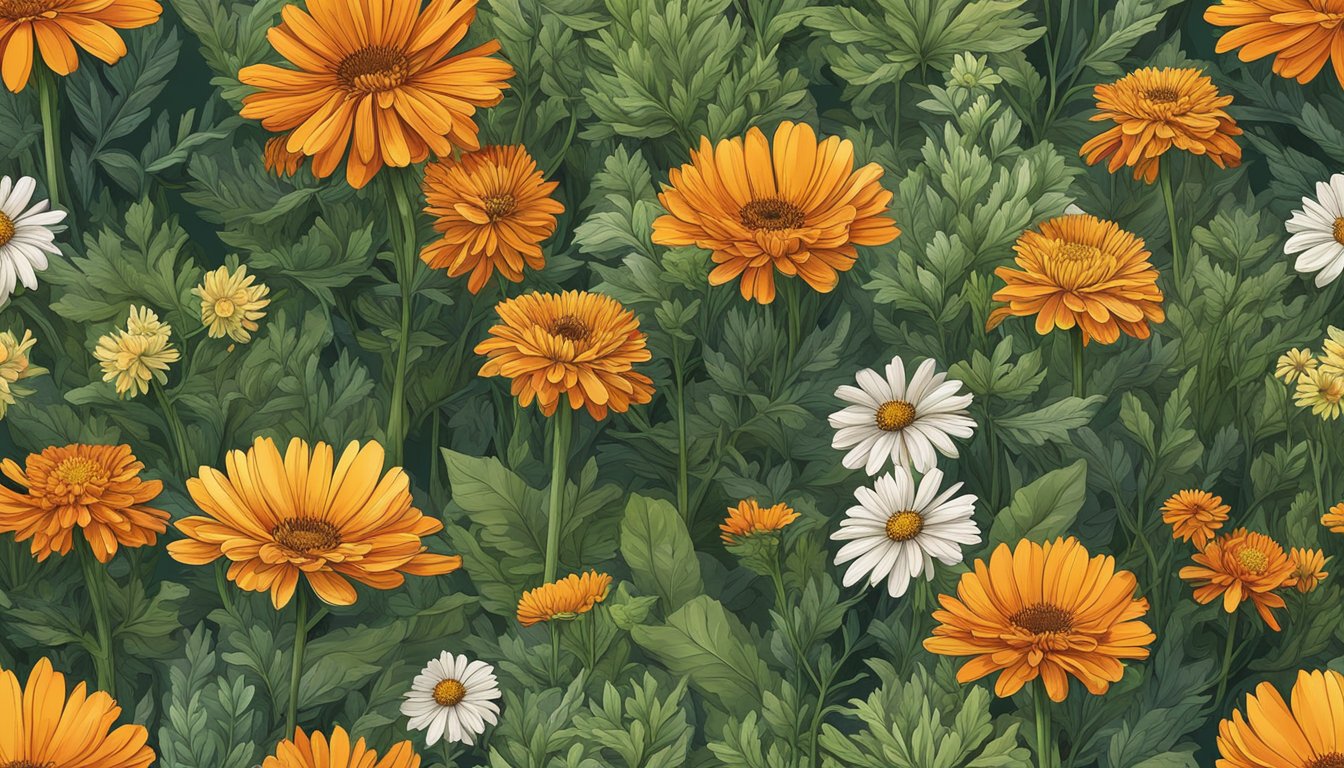 A vibrant calendula flower blooming in a lush garden, surrounded by other medicinal herbs and plants