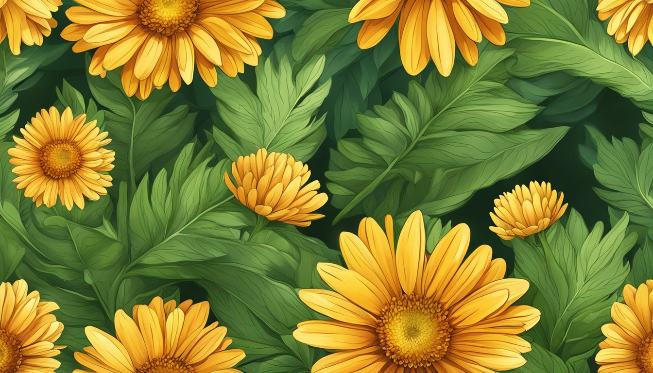 A vibrant calendula flower surrounded by lush green leaves, with sunlight filtering through the petals, evoking a sense of healing and natural beauty