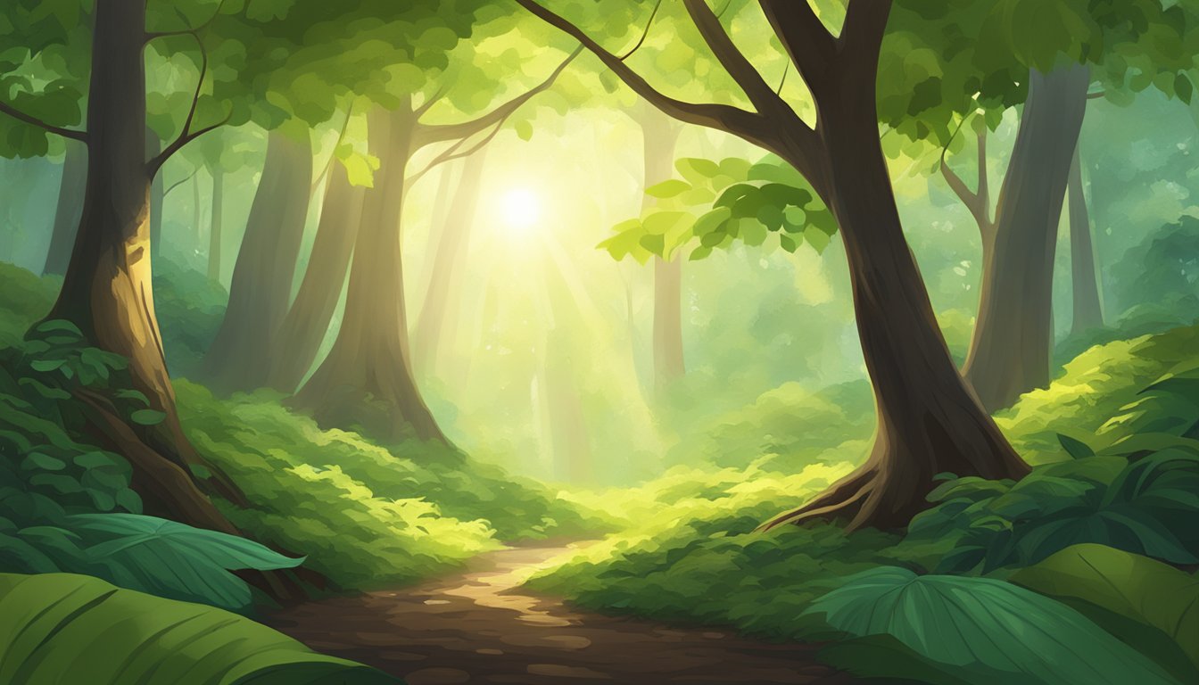 A serene forest clearing, with sunlight filtering through the trees onto a small cacao tree surrounded by vibrant green foliage