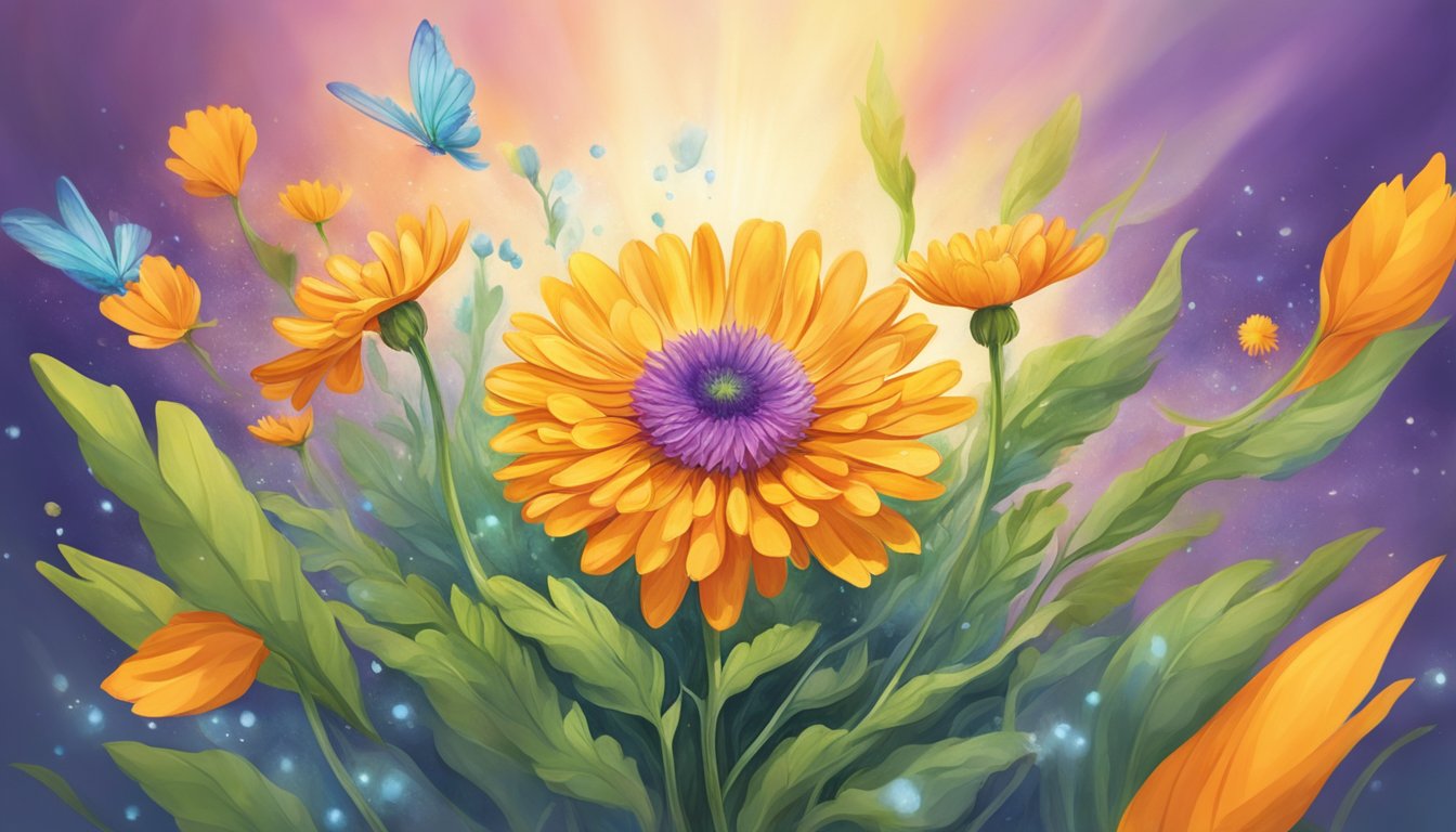 A vibrant calendula flower releasing healing energy into the surrounding environment