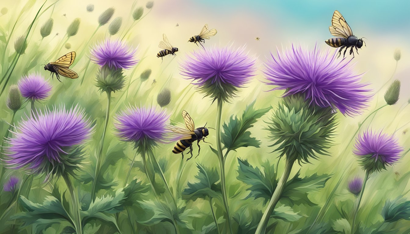 A lush green field with tall burdock plants swaying in the breeze, their purple thistle-like flowers attracting bees and butterflies