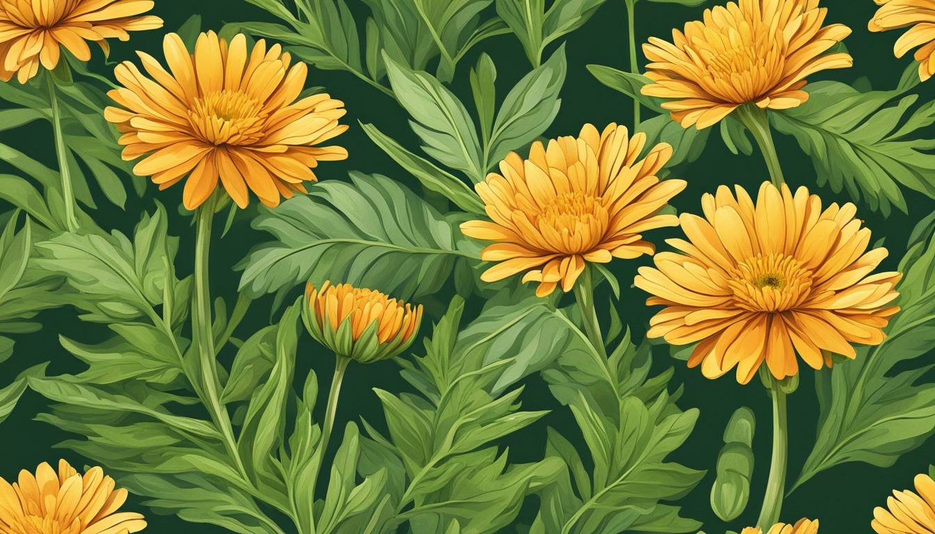 A vibrant calendula flower blooming in a botanical garden, surrounded by lush green leaves and bathed in warm sunlight