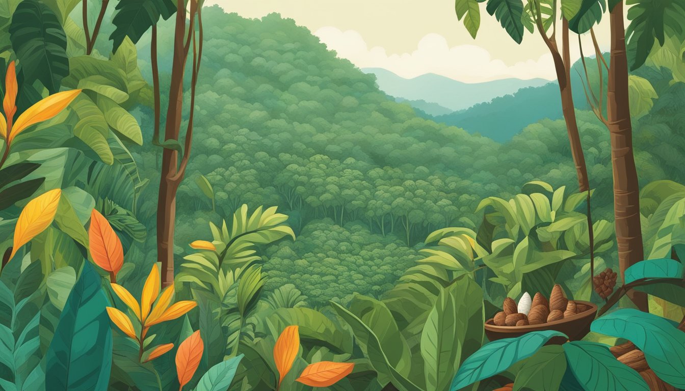 Lush cacao trees thrive in a vibrant rainforest, surrounded by diverse flora and fauna. Local farmers carefully harvest the ripe pods, ensuring sustainable and ethical sourcing practices