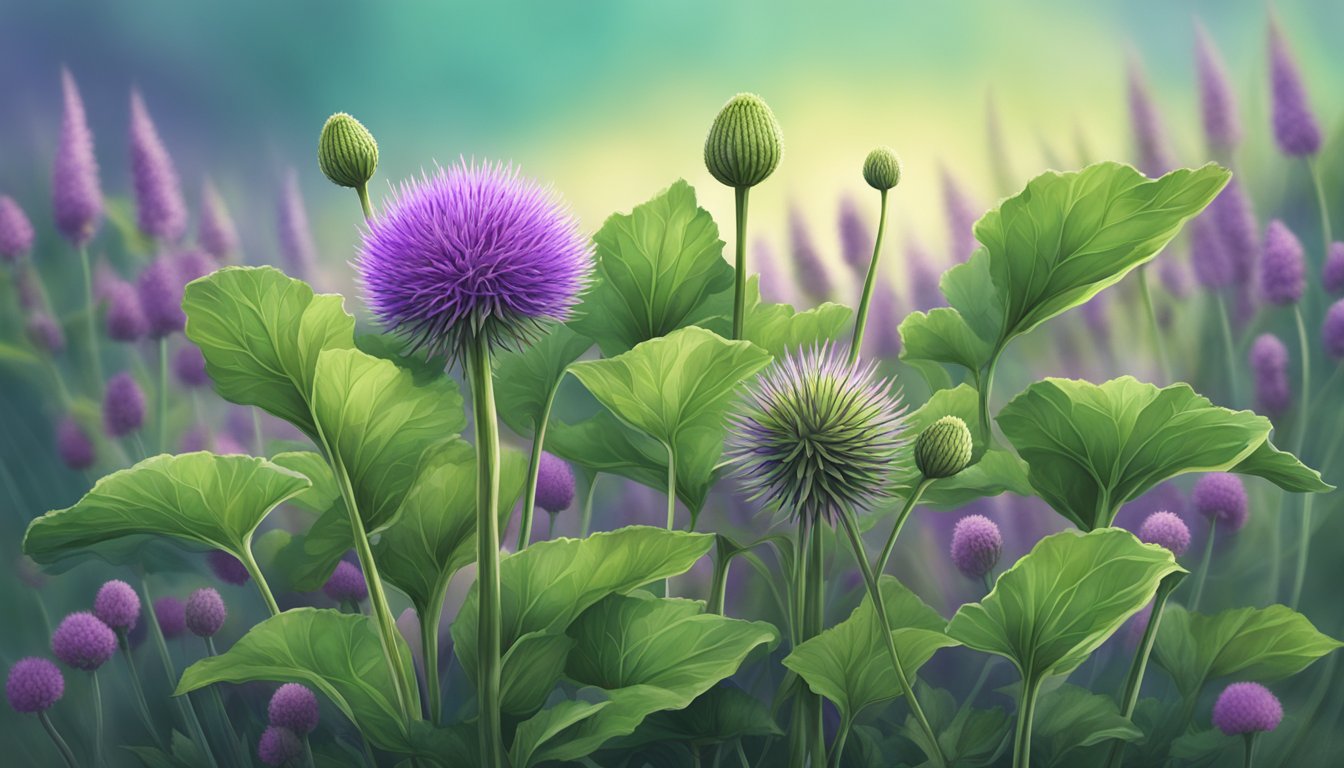 A burdock plant standing tall in a lush green field, with its large leaves and purple flowers exuding a sense of vitality and healing energy