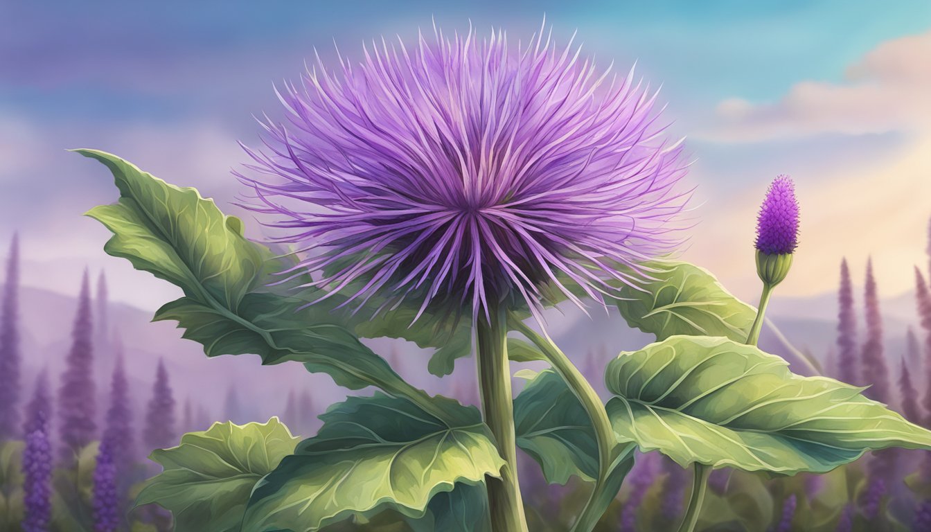 A burdock plant towering over a tranquil meadow, its vibrant leaves and purple flowers exuding an aura of healing and safety