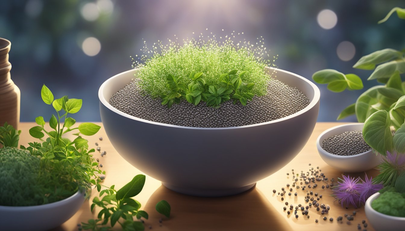 A bowl of chia seeds surrounded by various herbs and plants, with rays of sunlight shining down, evoking a sense of healing and natural power