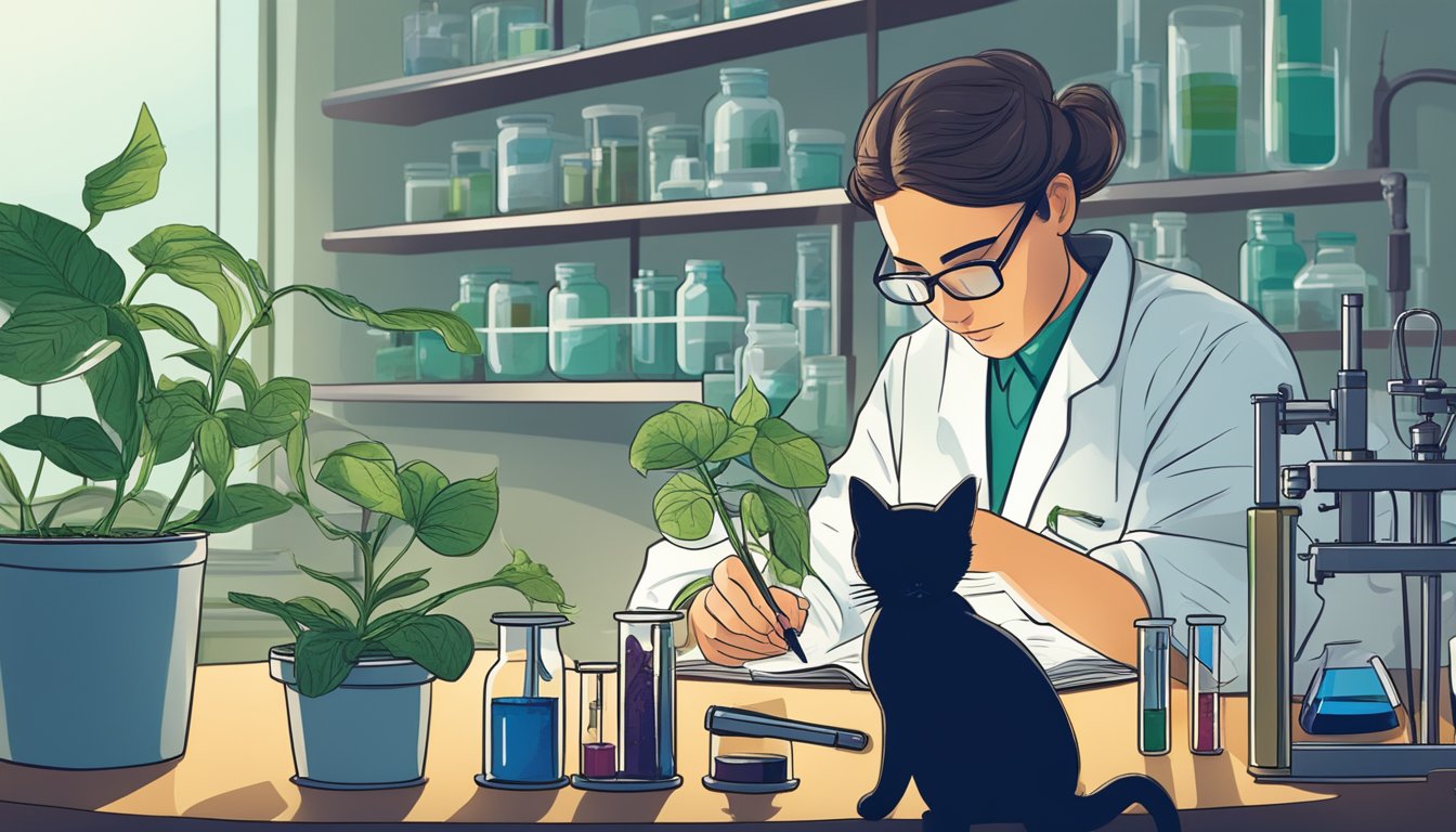 A lab setting with test tubes, microscope, and a cat's claw plant. Researcher observing and taking notes