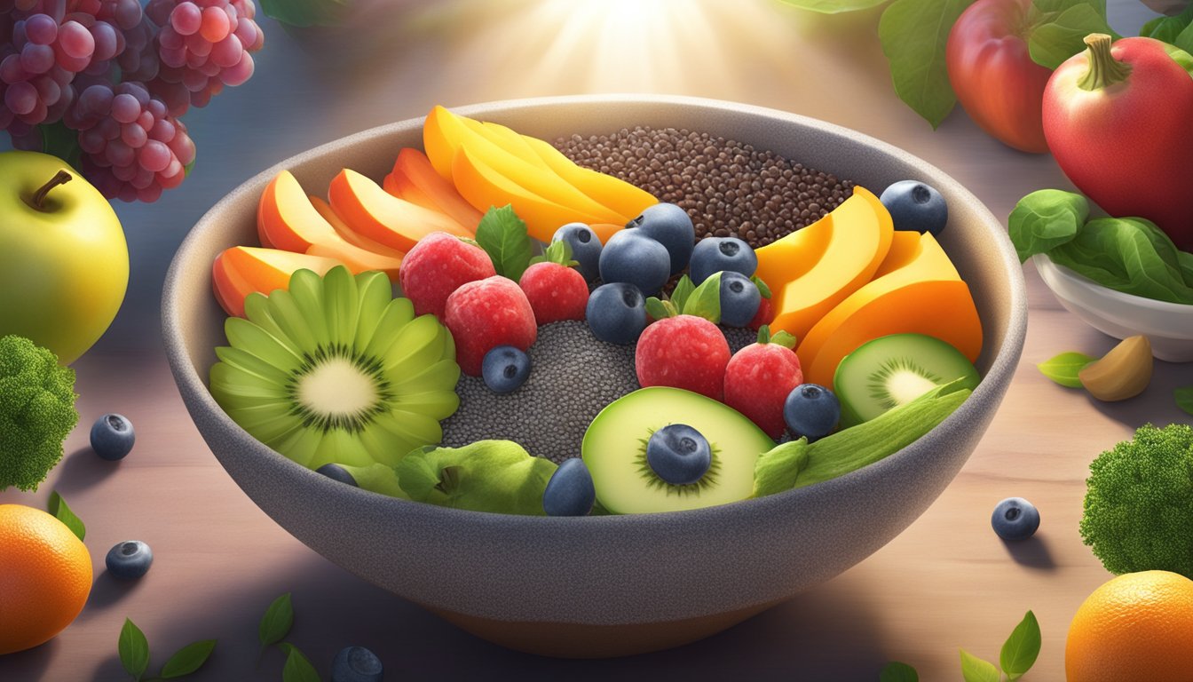 A bowl of chia seeds surrounded by vibrant fruits and vegetables, with rays of light illuminating the scene, showcasing the healing powers of the seeds