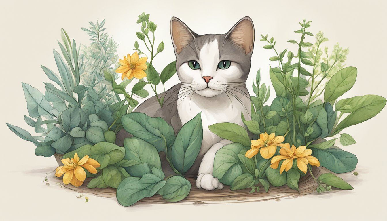 A cat's claw plant surrounded by protective symbols and herbs, emanating a calming and healing energy