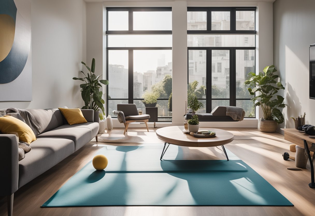 A bright and spacious living room with exercise equipment, yoga mat, and resistance bands. Large windows let in natural light, and a motivational poster hangs on the wall