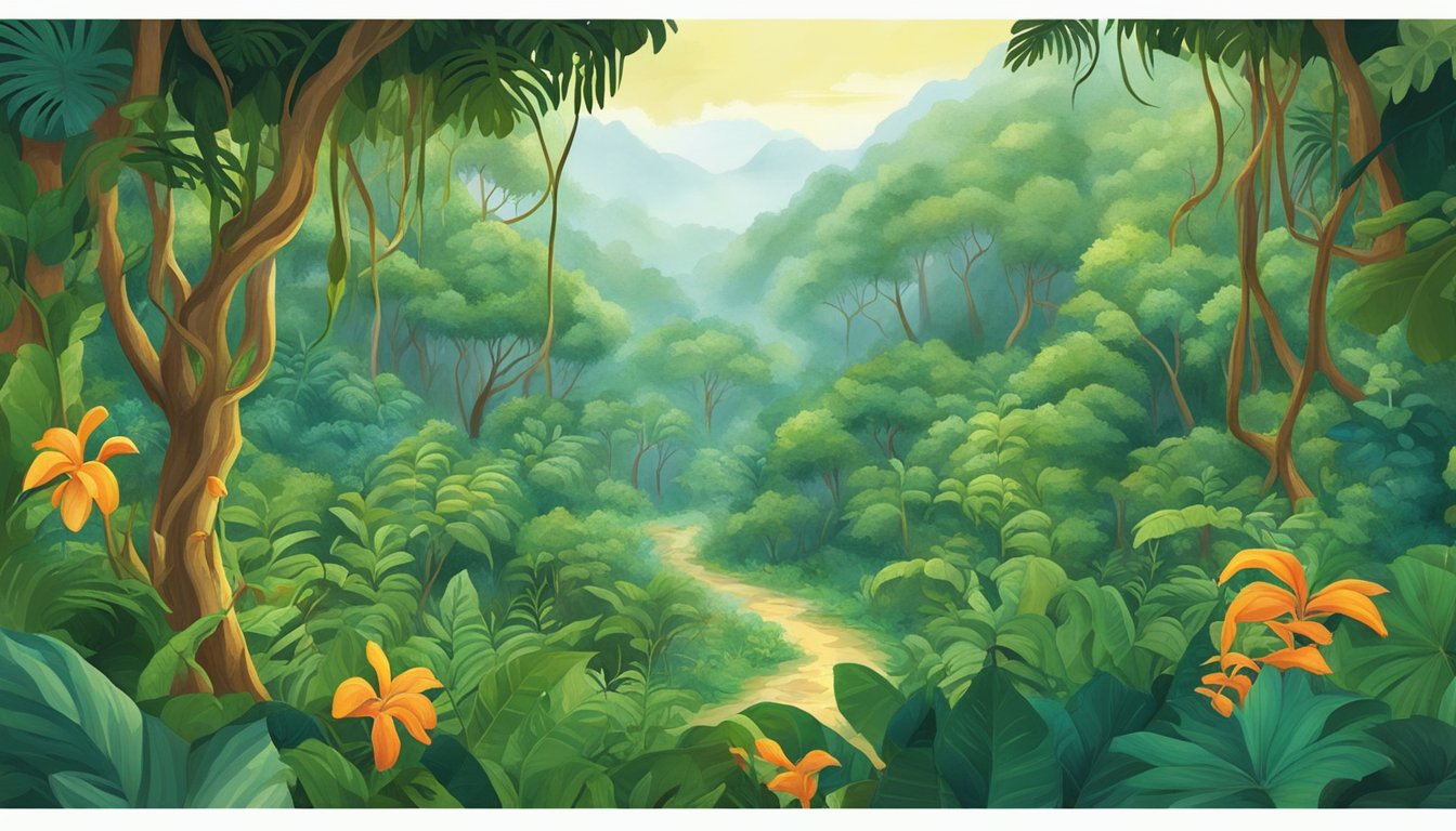 A lush rainforest with a cat's claw vine winding through the trees, surrounded by diverse plant life and teeming with wildlife