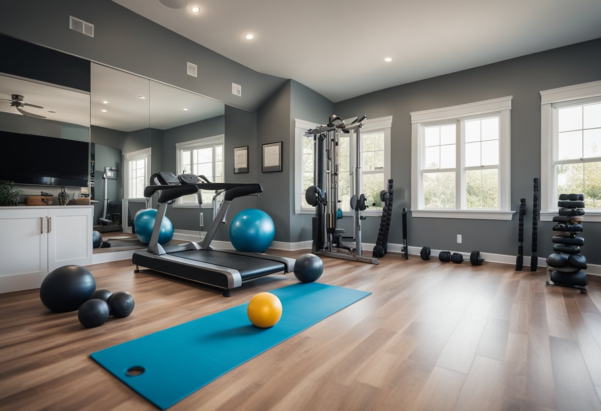 A home gym with exercise equipment, yoga mat, and weights arranged neatly in a spacious, well-lit room