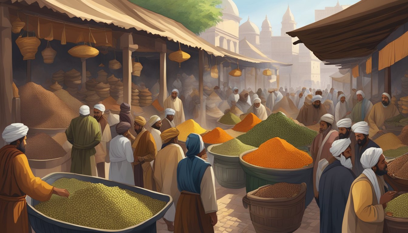 A bustling ancient marketplace with colorful sacks of cardamom piled high, surrounded by merchants and customers seeking the healing powers of the spice