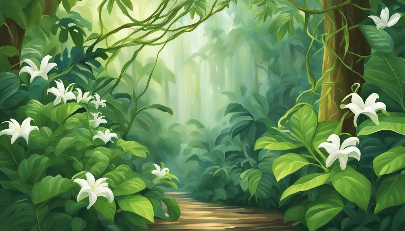 A lush rainforest with a cat's claw vine winding through the trees, its vibrant green leaves and delicate white flowers symbolizing healing and vitality