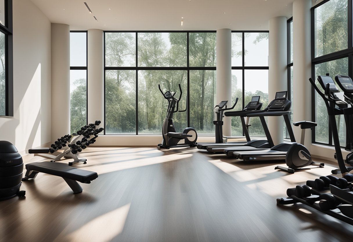 A bright, spacious room with exercise equipment neatly arranged, large windows letting in natural light, and motivational posters on the walls