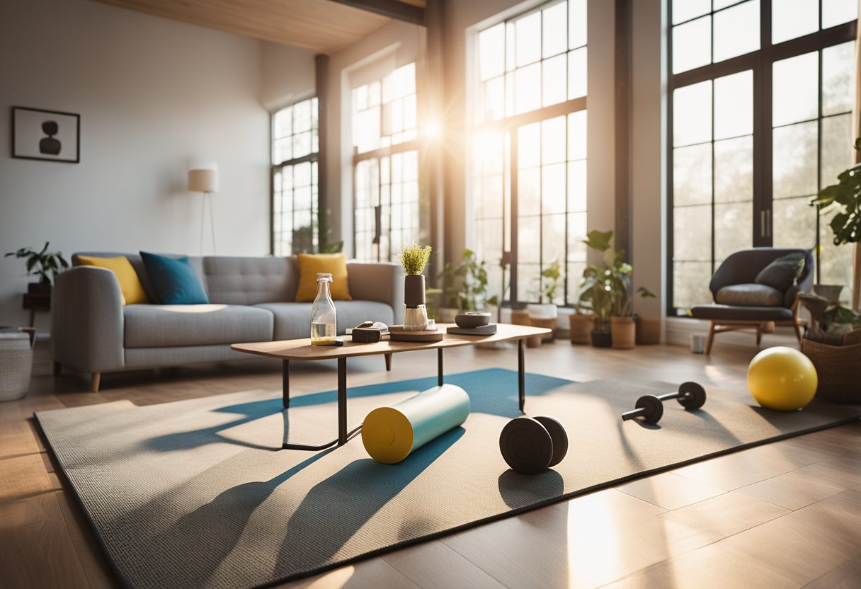 A bright, spacious living room with a yoga mat, resistance bands, dumbbells, and a water bottle. Sunlight streams in through the windows, creating a warm and inviting atmosphere for a workout