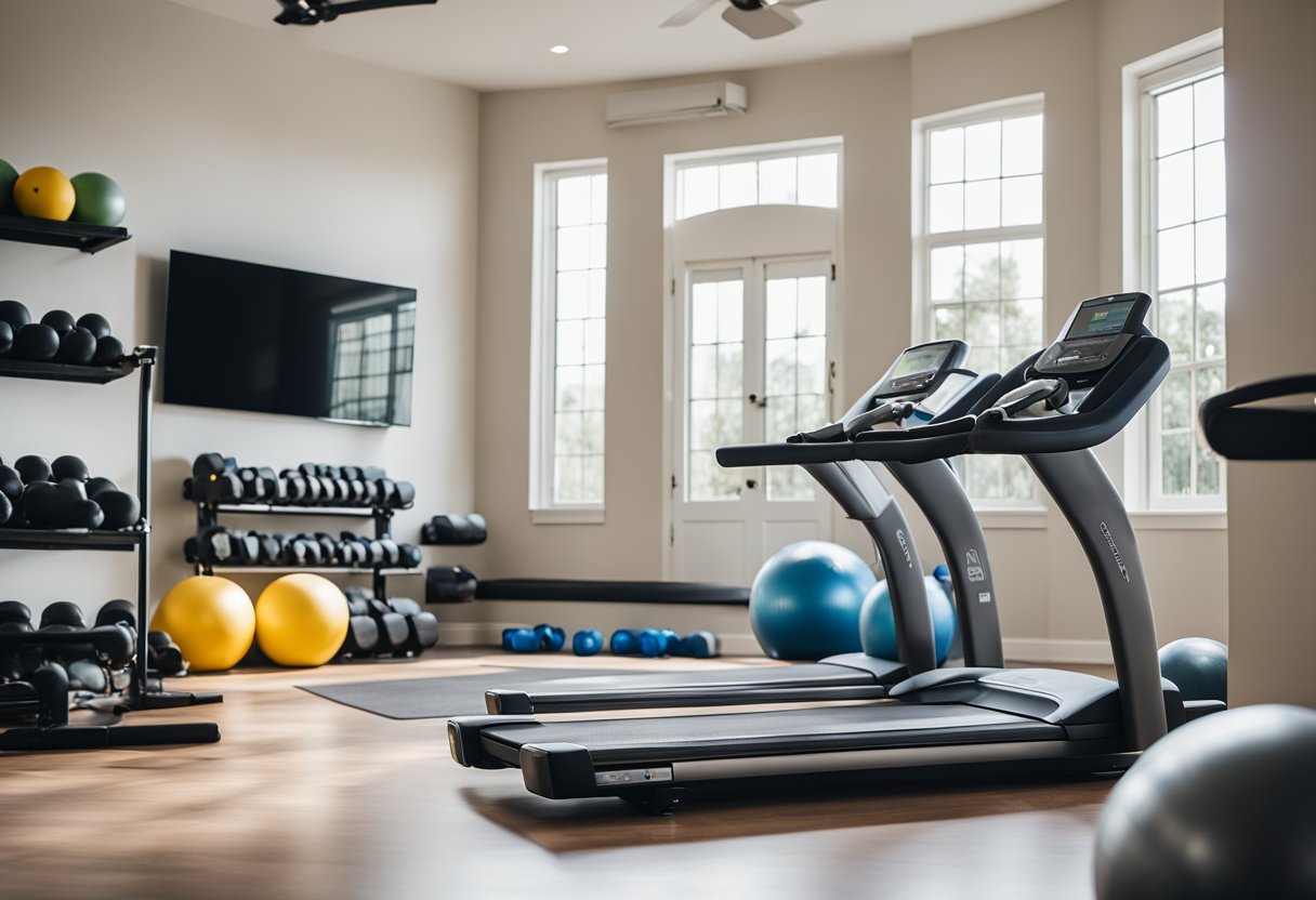 A home gym with various workout equipment, including dumbbells, resistance bands, a yoga mat, and a stability ball. A large window lets in natural light, and motivational posters adorn the walls