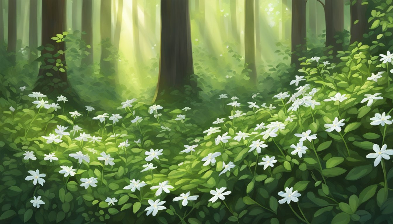 Lush green cleavers entwined with delicate white flowers, surrounded by dappled sunlight in a forest clearing