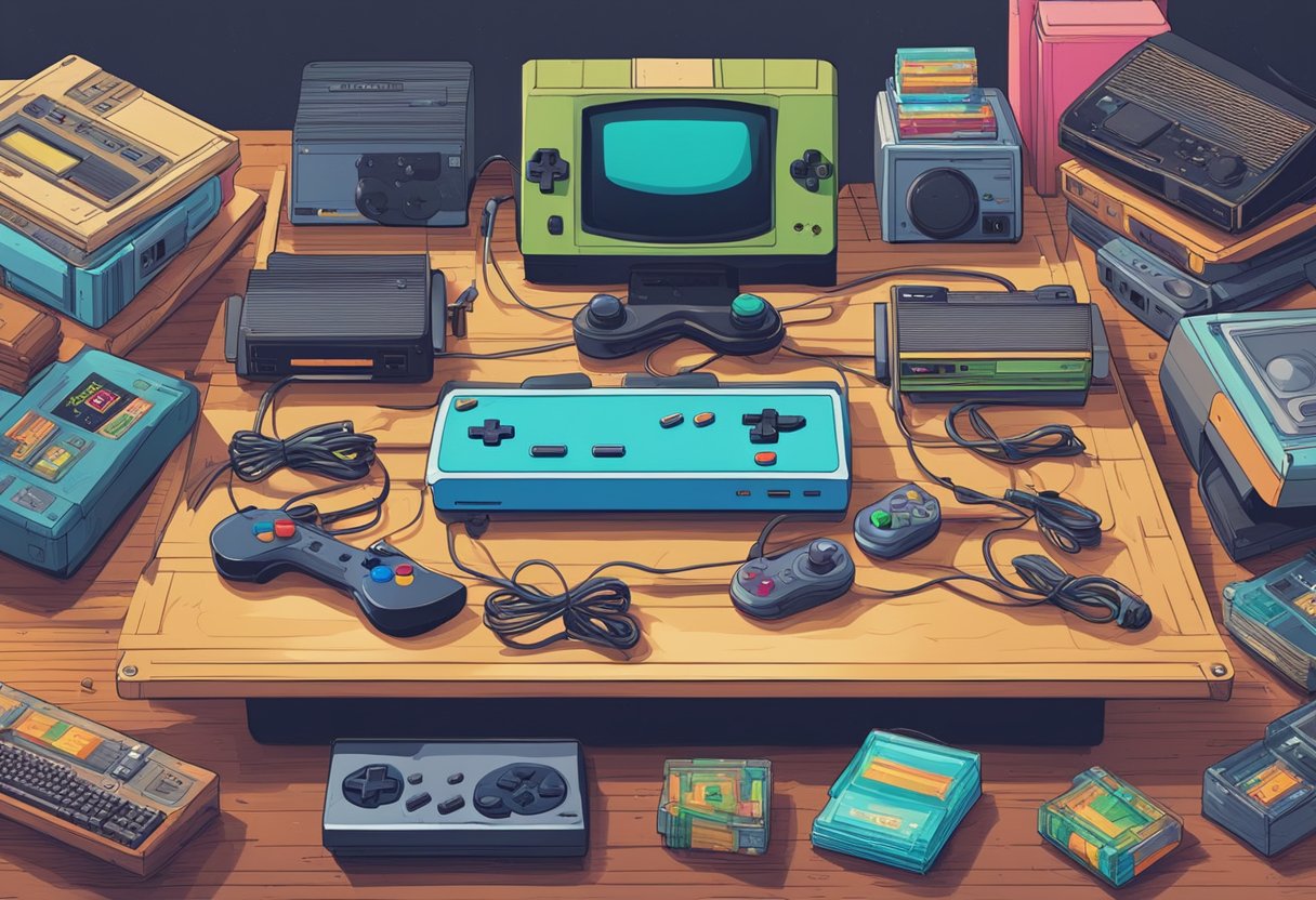 A cluttered desk with vintage gaming consoles stacked on top of each other, surrounded by colorful game cartridges and controllers