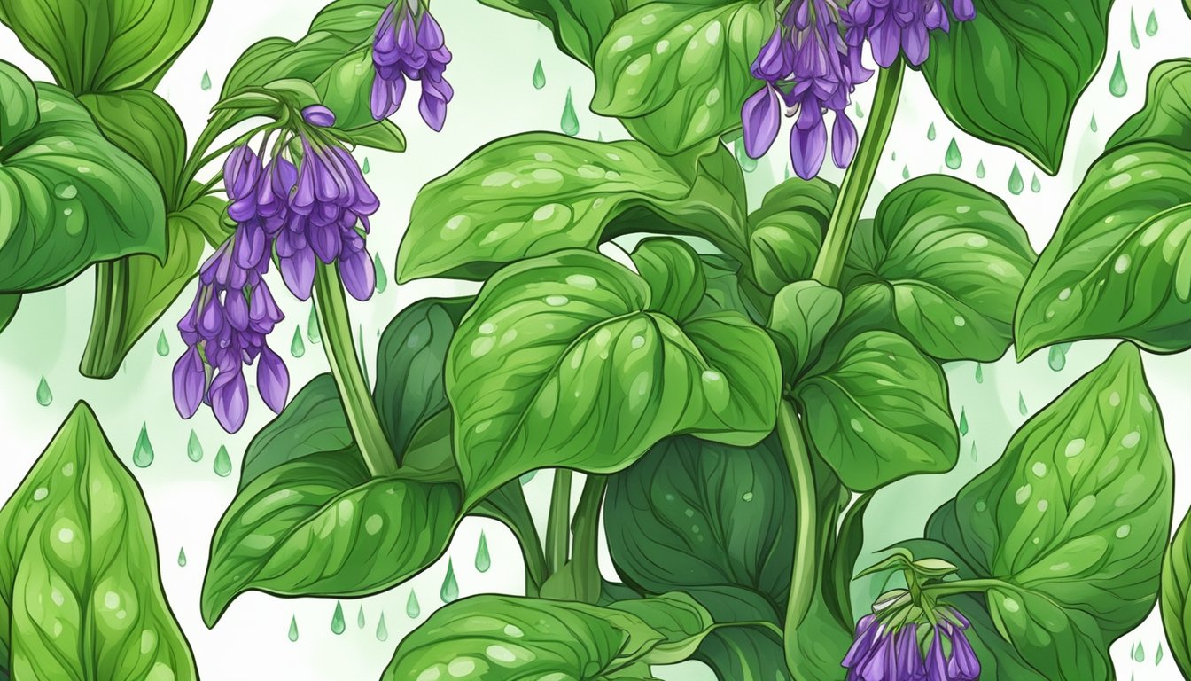 A lush green comfrey plant with vibrant leaves and delicate purple flowers, surrounded by small droplets of dew on the leaves