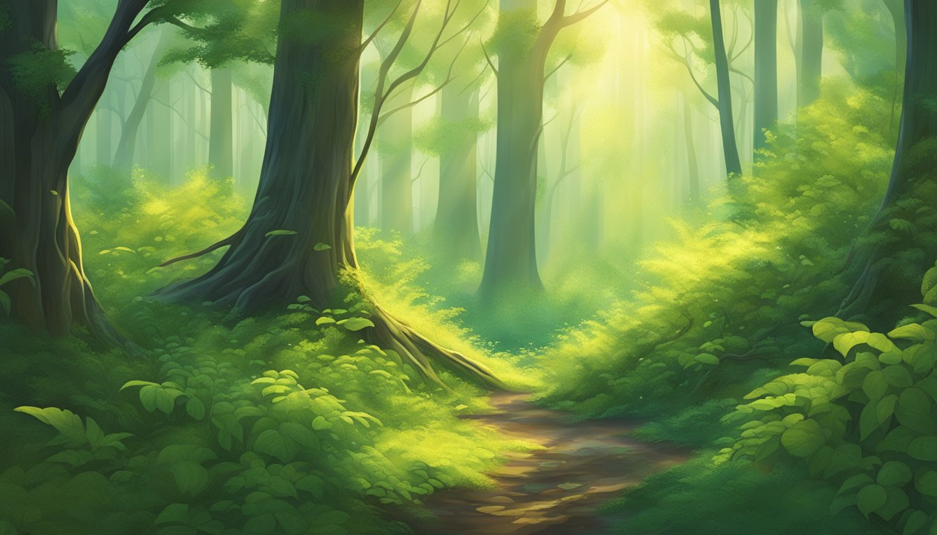 Sunlight filtering through dense forest, illuminating dew-covered cleavers entwined around tree trunks and branches. Birds flit between the vibrant green leaves, adding to the serene atmosphere