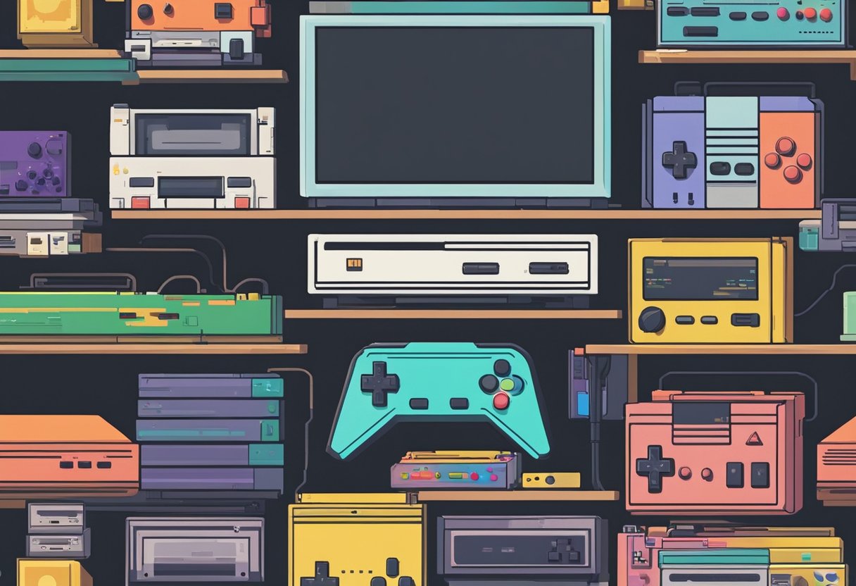 A collection of iconic retro gaming consoles displayed on a shelf, with controllers and cartridges scattered around. A TV in the background shows pixelated gameplay