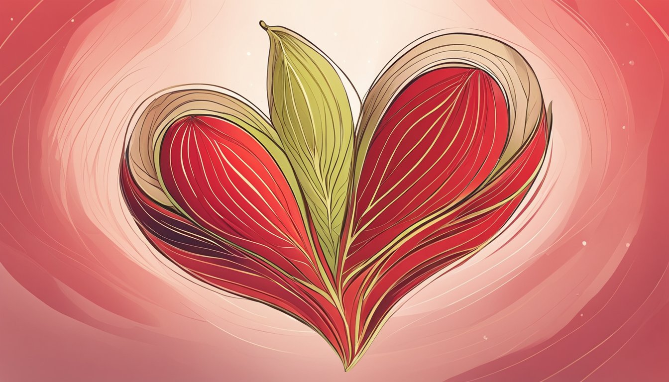 A heart-shaped cardamom pod floats above a vibrant red background, surrounded by swirling lines representing the healing powers of cardamom in cardiovascular health