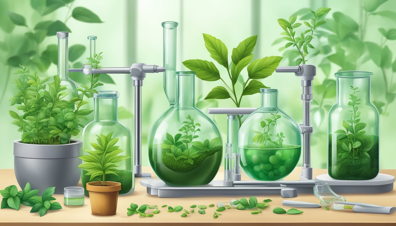 A laboratory table with various glassware and equipment, surrounded by lush green cleavers plants growing in pots and vials of extracted plant material