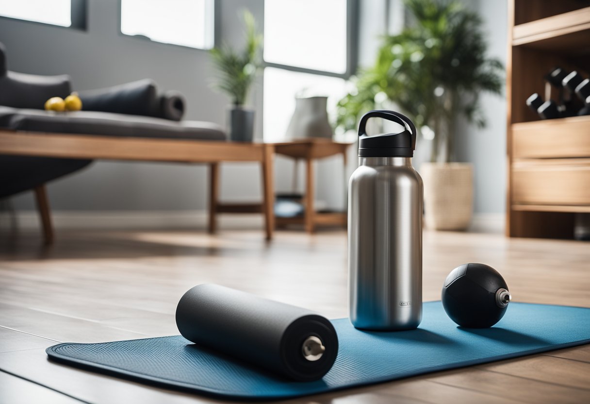 A home gym with exercise equipment arranged neatly, a yoga mat on the floor, and a water bottle on a nearby table