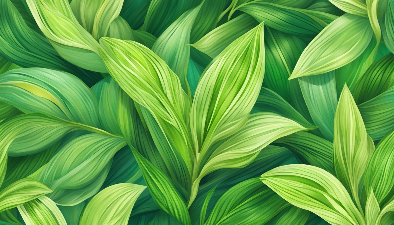 A vibrant green cardamom plant surrounded by swirling, translucent waves of healing energy