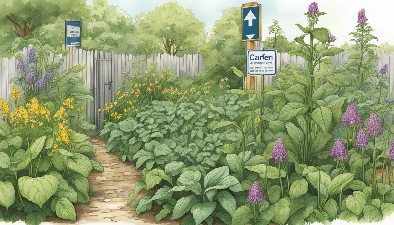 A lush garden with vibrant comfrey plants, surrounded by caution signs and instructions for safe usage