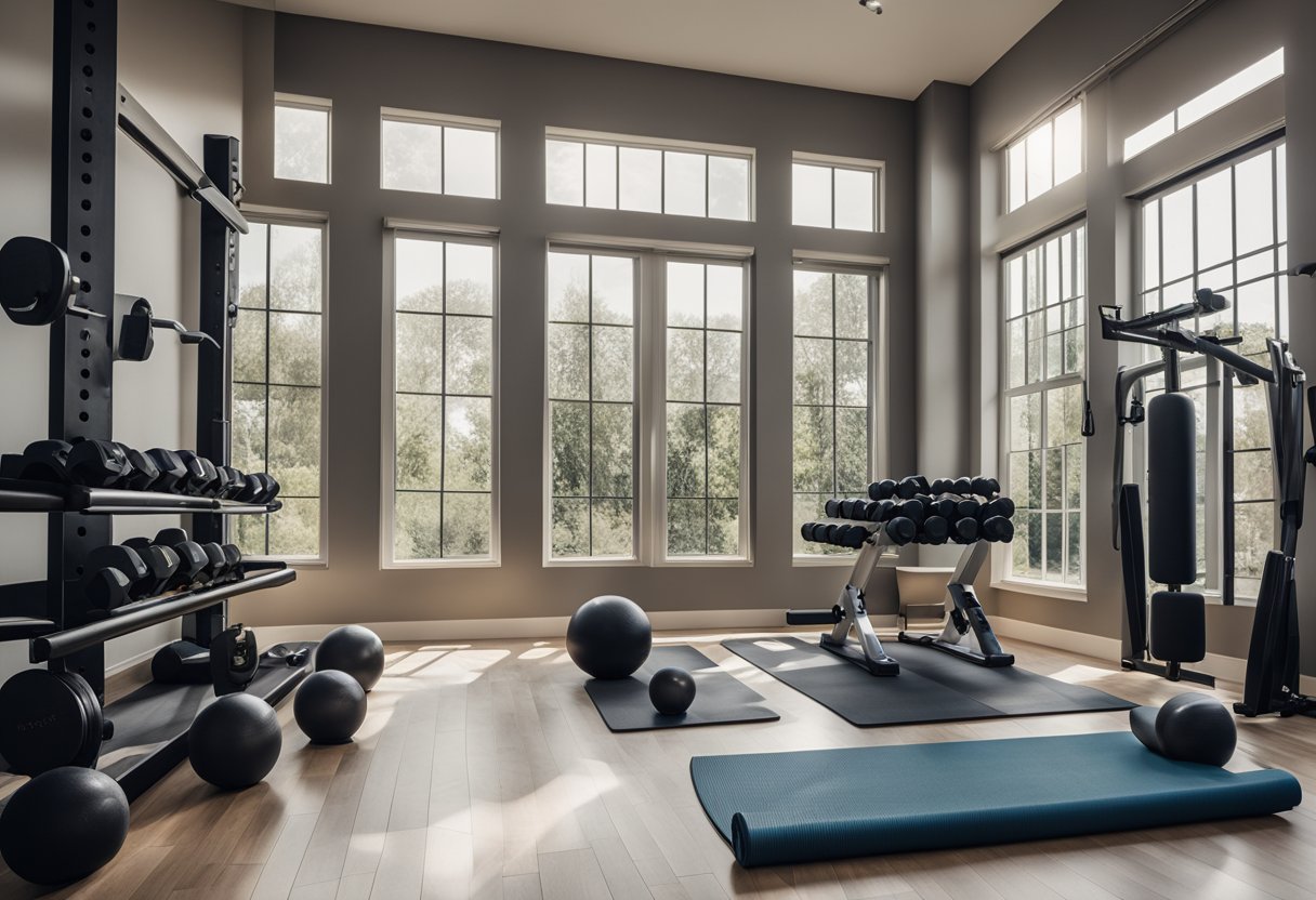 A home gym with various workout equipment, including dumbbells, resistance bands, and a yoga mat, surrounded by motivational posters and natural light