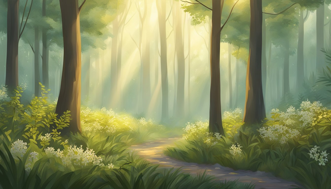 A serene forest clearing with cardamom plants and flowers, surrounded by a gentle mist and warm sunlight