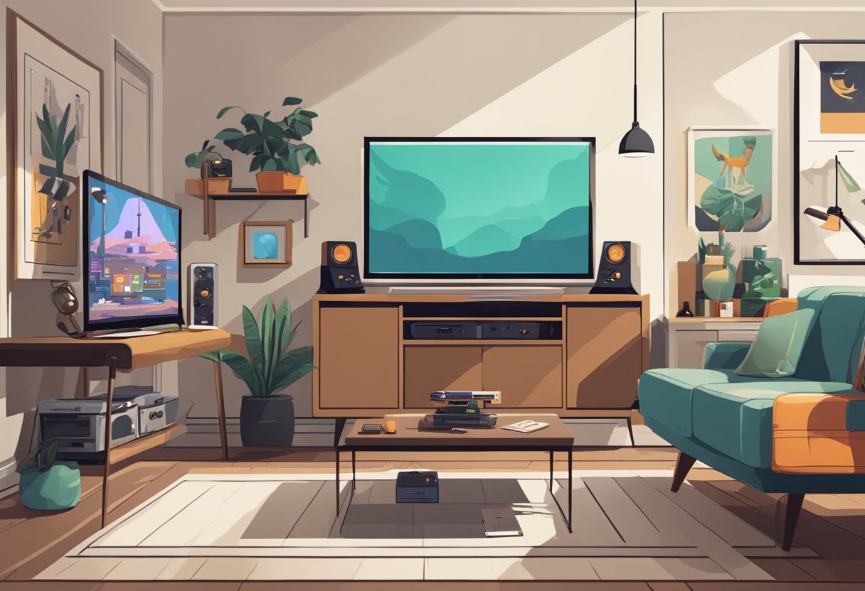 A sleek, minimalist living room setup with a modern retro gaming console connected to a large flat-screen TV, surrounded by vintage gaming posters and memorabilia