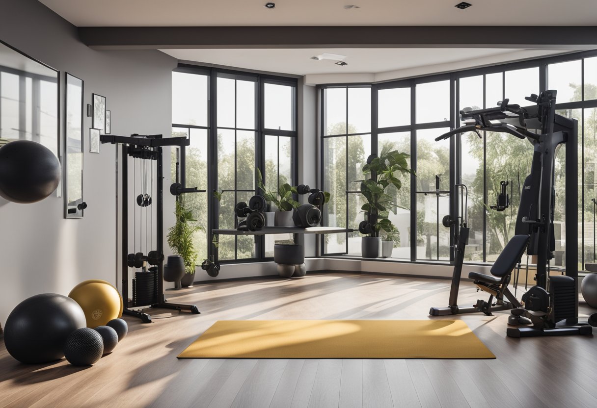 A well-equipped home gym with weights, resistance bands, yoga mat, and exercise ball. Bright, open space with natural light and motivational posters on the wall