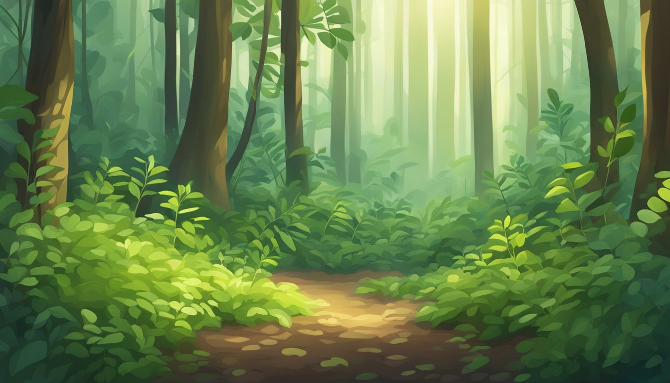 A lush forest floor with cleavers plants intertwined with other greenery, sunlight filtering through the leaves, creating a serene and healing atmosphere