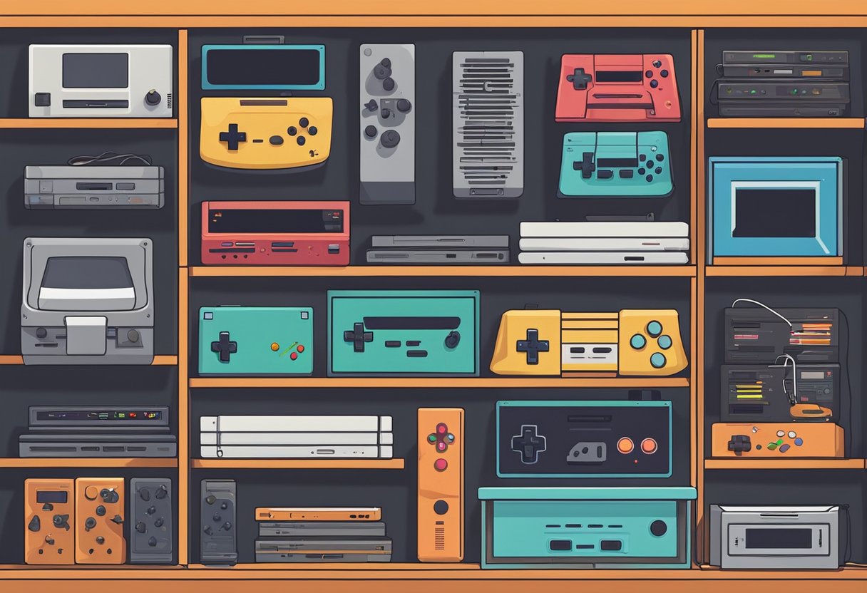 A collection of retro gaming consoles displayed on a shelf, with various controllers and cartridges scattered around