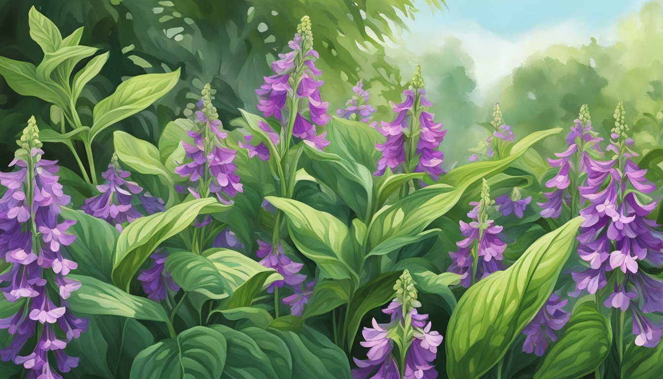 Lush green comfrey plants flourishing in a sunlit garden, with large, vibrant leaves and delicate purple flowers