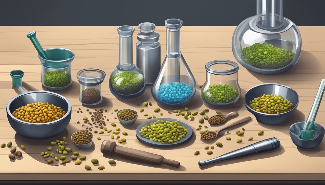 A laboratory table covered in beakers, test tubes, and scientific equipment, with a mortar and pestle grinding cardamom seeds