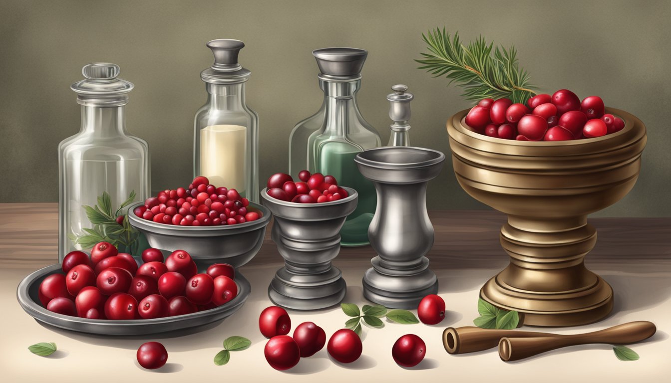 A vintage apothecary table with cranberries and mortar and pestle