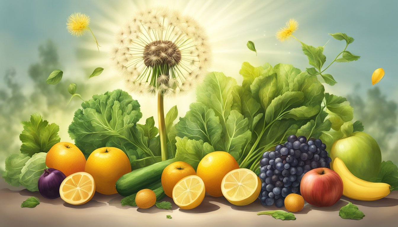 A dandelion plant surrounded by various fruits and vegetables, with a beam of sunlight shining down on it