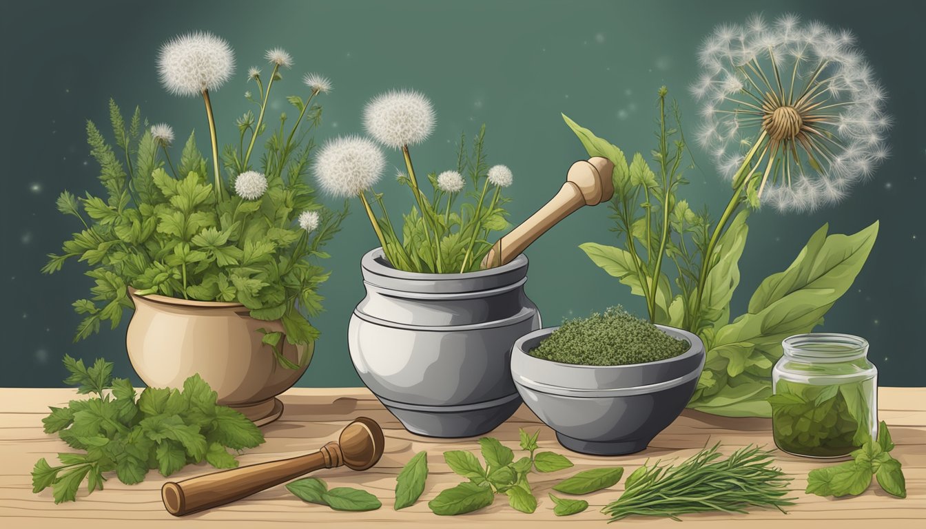 A dandelion plant surrounded by various herbs and plants, with a mortar and pestle nearby for traditional medicine preparation