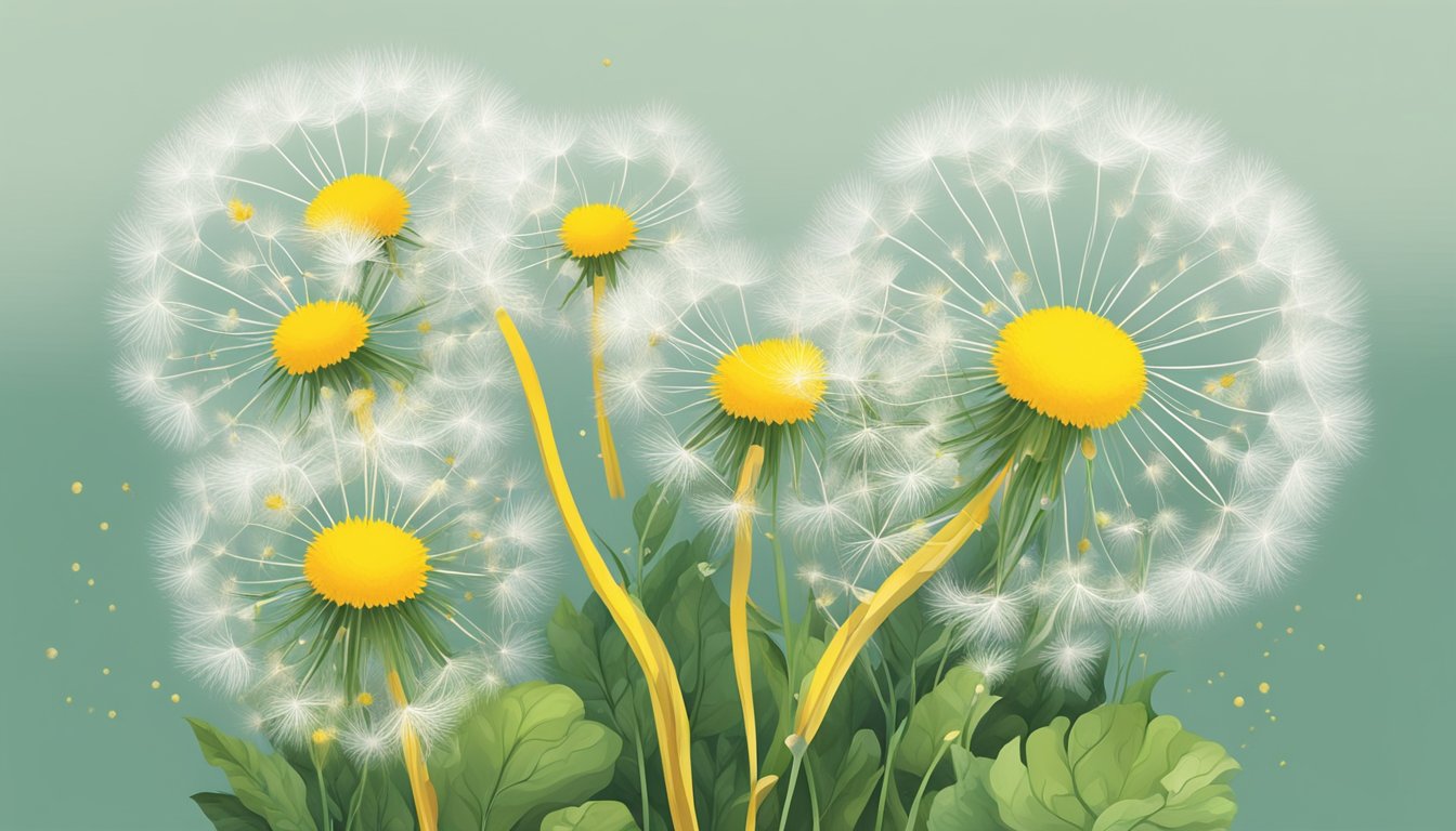 A dandelion plant surrounded by lush greenery, with its bright yellow flowers and delicate white seeds ready to be carried away by the wind