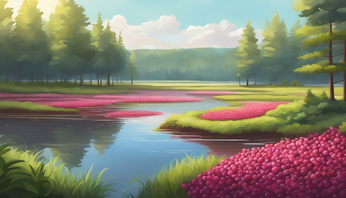 A peaceful cranberry bog surrounded by lush greenery and clear, calm water. A sense of tranquility and natural healing emanates from the scene