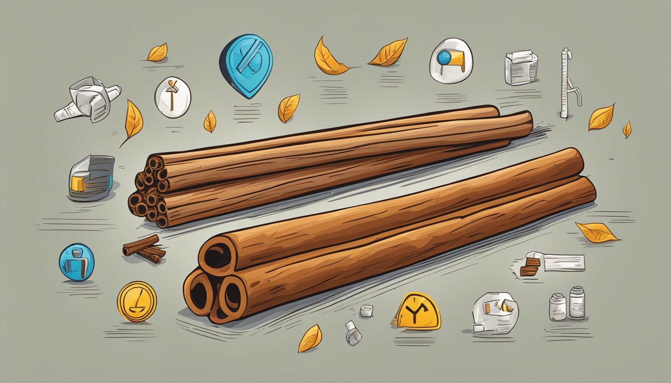 A cinnamon stick surrounded by warning signs and symbols of potential risks and side effects