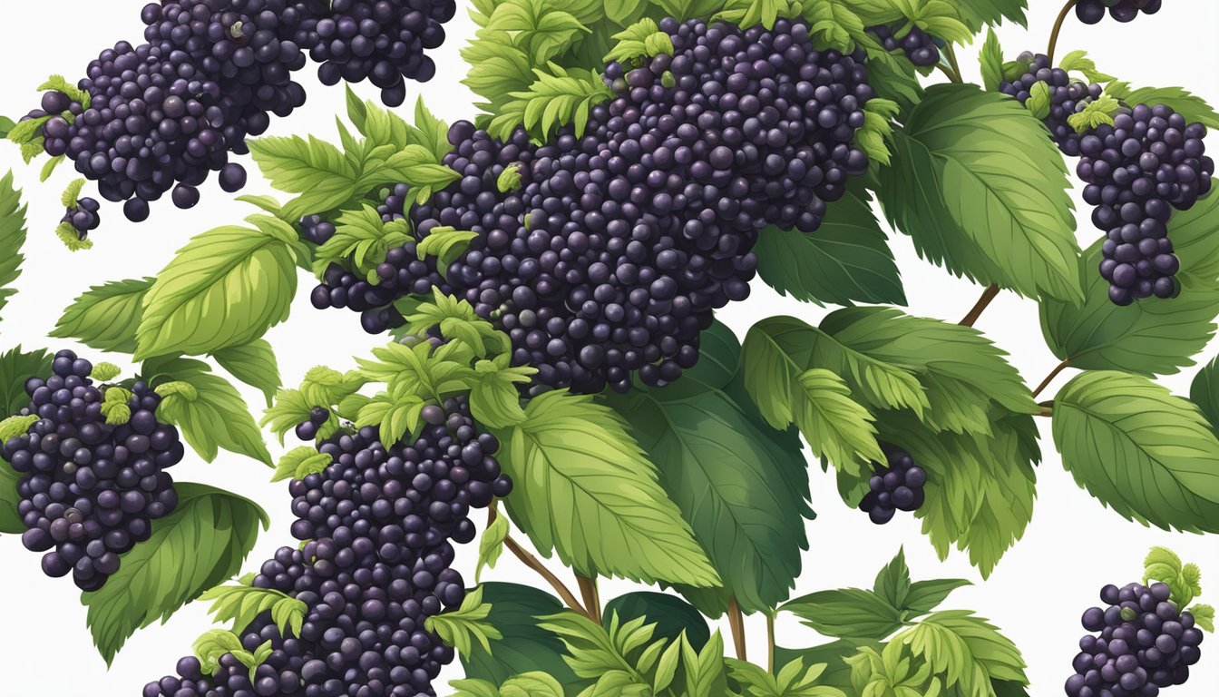 A lush elderberry bush bursting with ripe, dark purple clusters, surrounded by vibrant green leaves and buzzing with bees