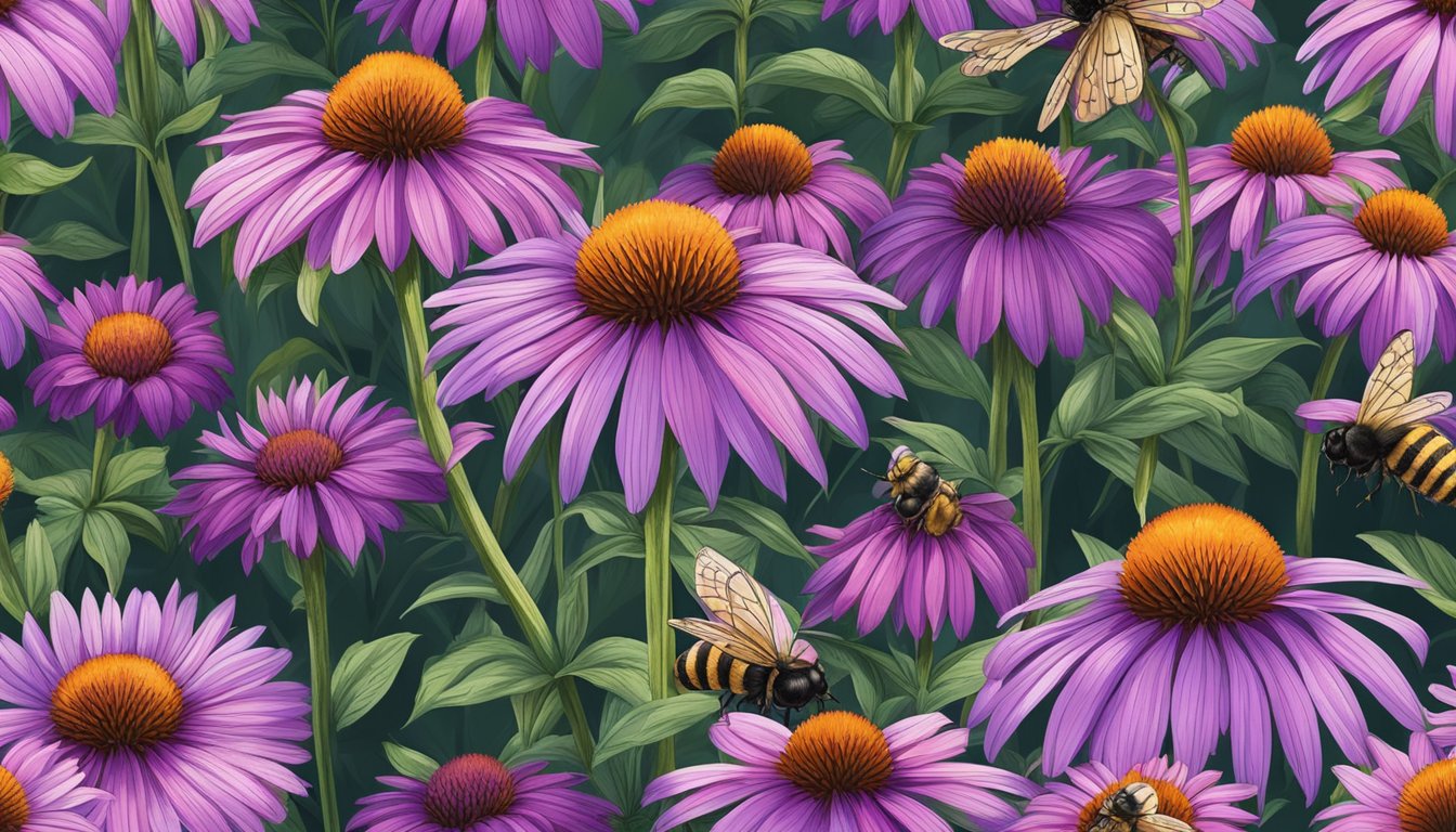 A lush field of vibrant purple echinacea flowers surrounded by buzzing bees and butterflies