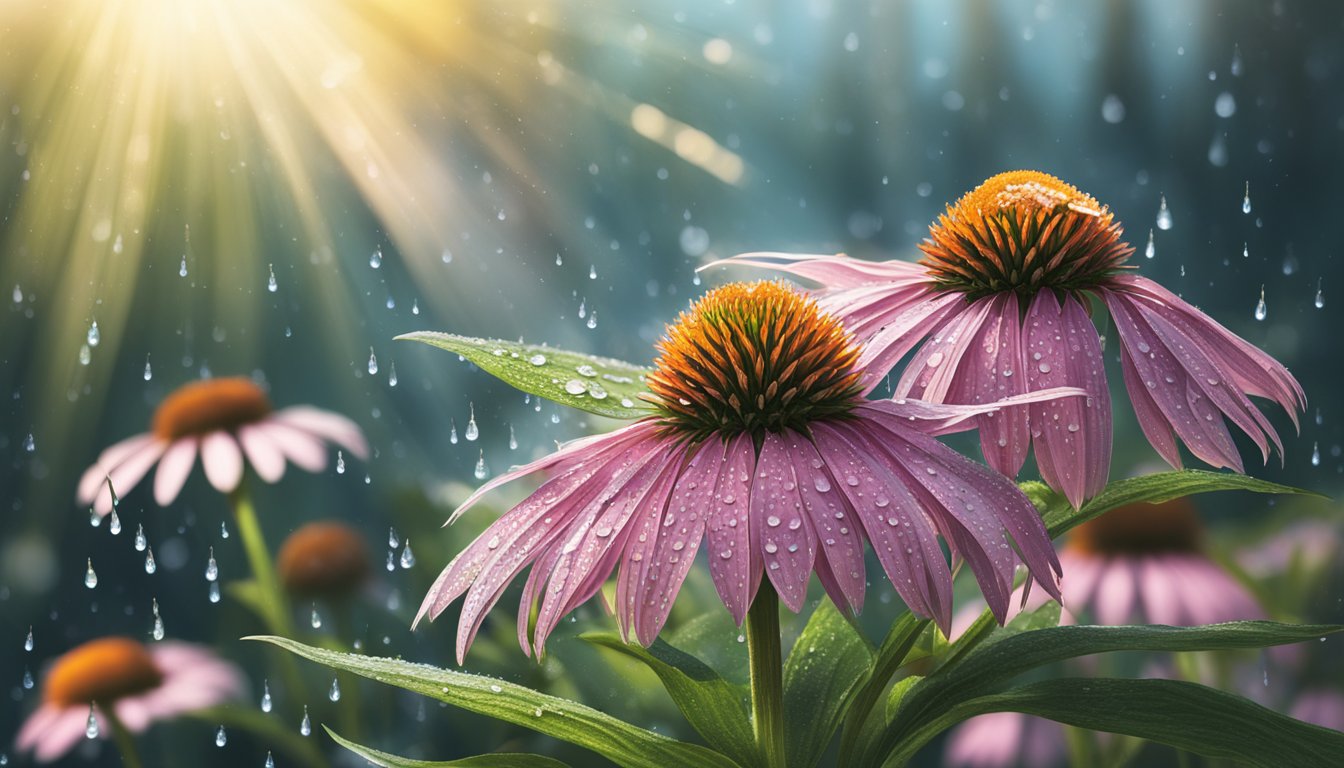 A vibrant echinacea plant in full bloom, surrounded by droplets of morning dew, with a ray of sunlight shining down on it