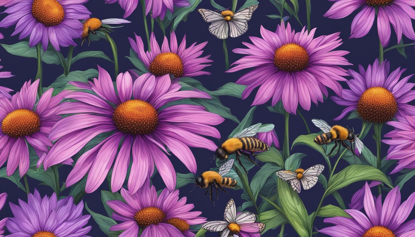 A field of vibrant purple echinacea flowers swaying in the breeze, surrounded by buzzing bees and butterflies